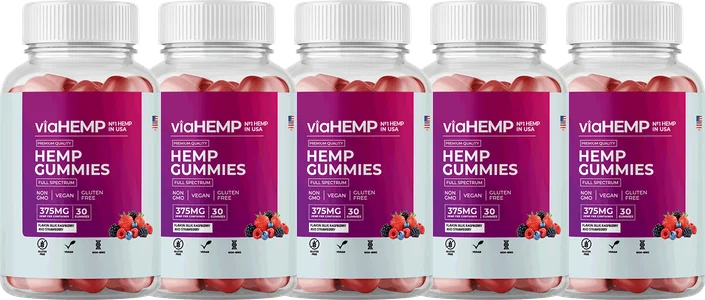 Cinq bouteilles de viaHEMP Gummies, pack Achetez 3 obtenez 2 gratuitement