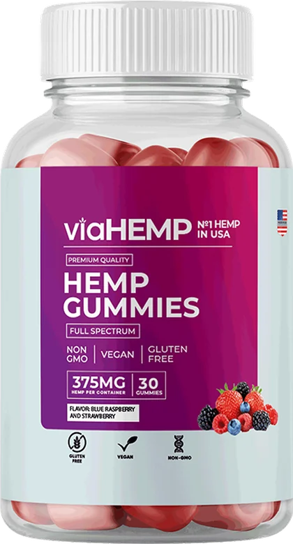 Bouteille de viaHEMP Hemp Gummies, saveur framboise bleue et fraise, 60 gommes